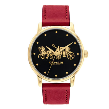 Coach Grand Red Leather Strap Black Dial Quartz Watch for Ladies - 14503848