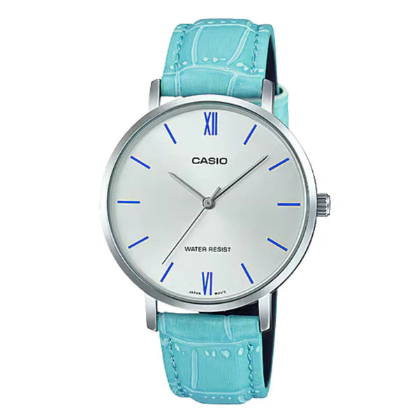 Casio Sky Blue Leather Strap Silver Dial Quartz Watch for Ladies
